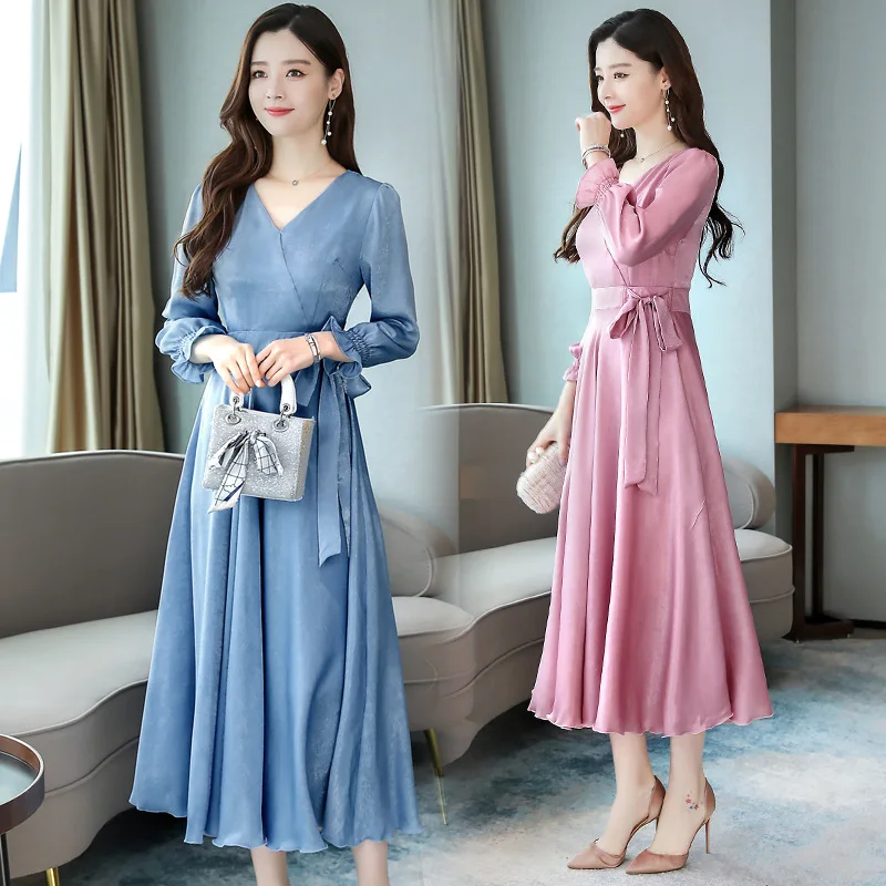 

Long-sleeved Dress 2019 Autumn New Style WOMEN'S Dress Slim Fit Slimming Elegant Popular V-neck High-waisted Swinging Skirt