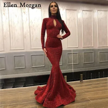 

Arabic Mermaid Long Sleeves Evening Dresses 2019 Shiny High Neck Red Carpet Celebrity Elegant Event Formal Party Prom Gowns