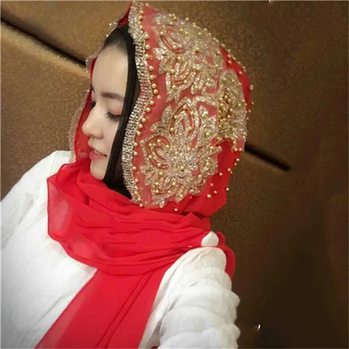 Роскошный Дизайн мусульманский Бисероплетение Кружева Свадебный хиджаб шарф исламские шифоновые платки обертывания Дамская жемчужина головной платок foulard femme musulman - Цвет: 2