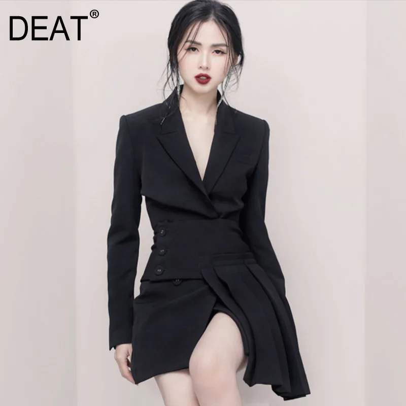 

DEAT Long Sleeve Double-breasted Waist Stitching Pleats Irregular Ladies Office Blazer Dress Femme Fashion 2019 Autumn New TV808