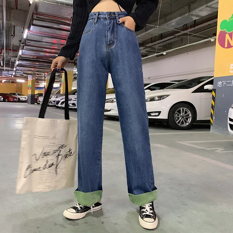 Winter Fleece Wide Leg Pants Women Warm Thicken Jeans Sexy Solid Jean Pants Fashion Loose Denim Trouser Streetpants P9261