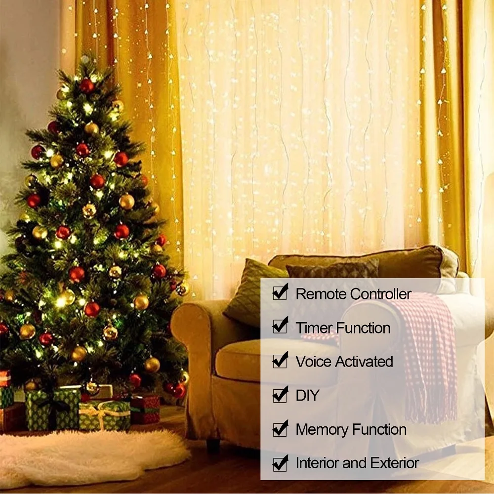 Christmas Window Curtain String Light 3x3m LED Fairy Light Outdoor Music Control/8 Lighting Mode Garland USB Wedding Party Decor