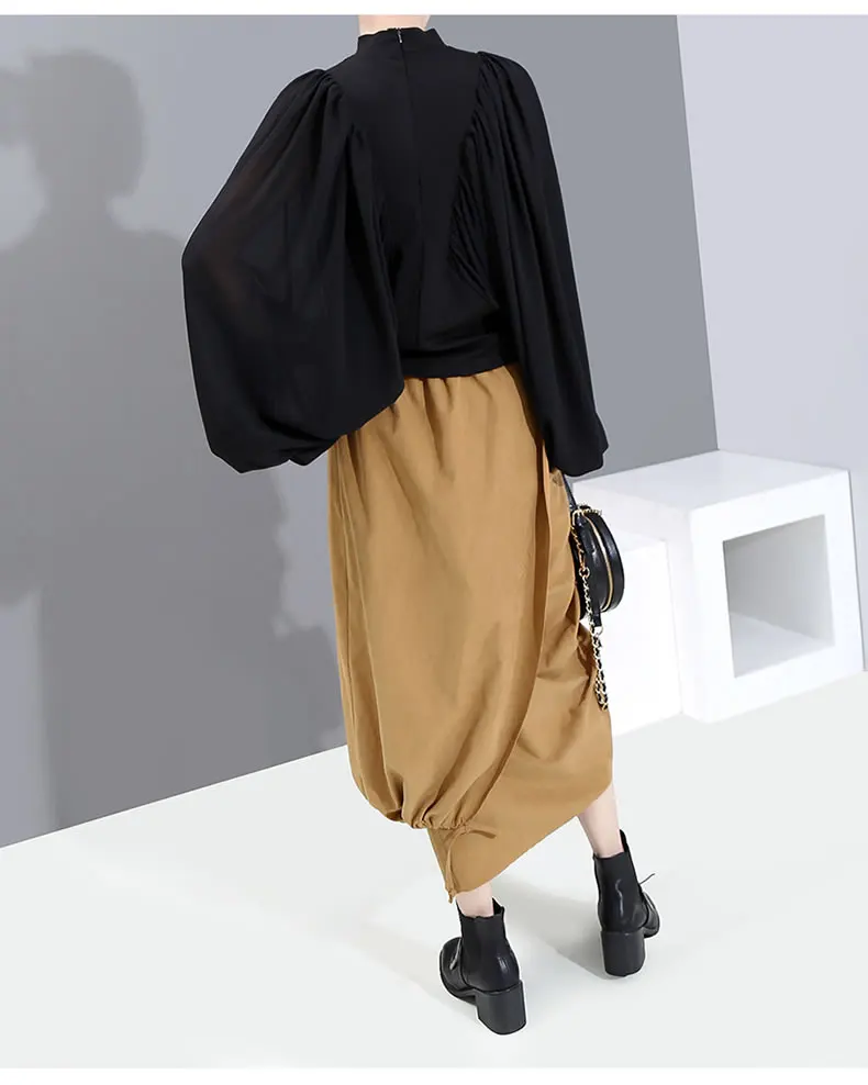 XITAO плиссированная простая блузка в стиле пэтчворк черно-белая женская одежда модная свободная одежда размера плюс с воротником-стойкой Осенняя Новинка XJ2506