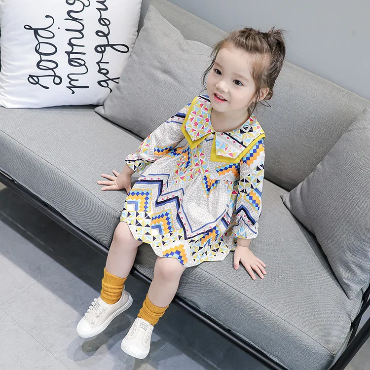 

CHILDREN'S Dress 2019 Autumn New Style Girls Geometry Fold-down Collar Peter Pan Collar Long-sleeved Dress E4120