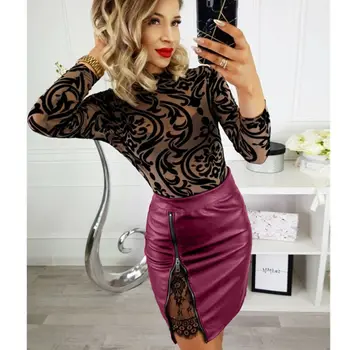 

Womens High Waisted PU Leather Skirt Fashion New Ladies Plain Split Lace Bodycon Tube Mini