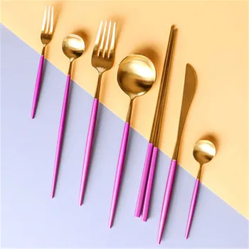 

Purple gold color plating Flatware stainless steel western dinnerware Set steak knife fork spoon Cutlery dessert coffee spoon