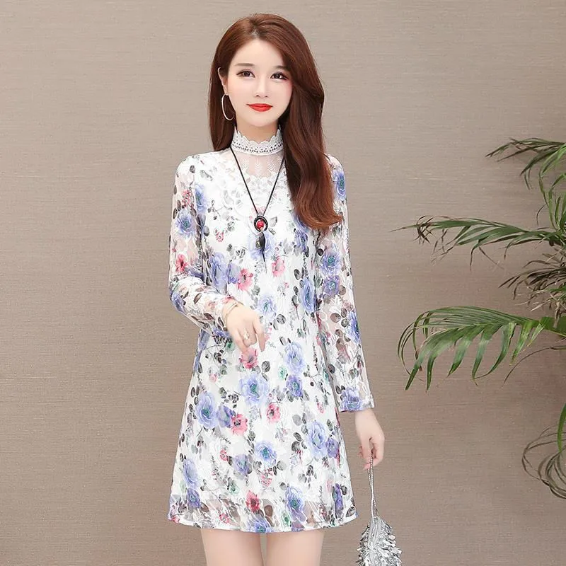 

2019 New Autumn Women Dress Long Sleeve Loose Waist Dress Casual Lace Dress Printed Party Dress Vintage Vestidos