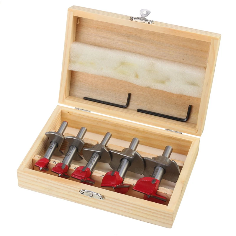 

5 pieces of Forstner drill bit set 15 20 25 30 35mm wooden auger milling cutter hexagon wrench woodworking hole saw power tool