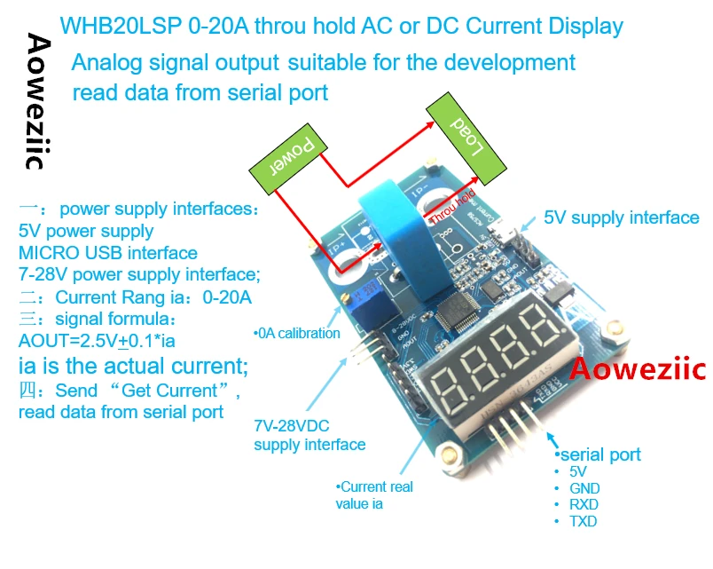 1 шт. WHB20LSP 0-20A AC DC throu отверстие измеритель тока считывает данные от последовательного порта с USB к ttl