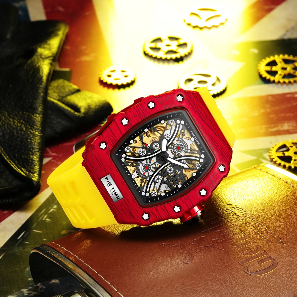 PINTIME Automatic Mechanical Watch Men Steampunk Skeleton Hollow Self-Winding Wristwatch Military Sports Silicone Strap Clock