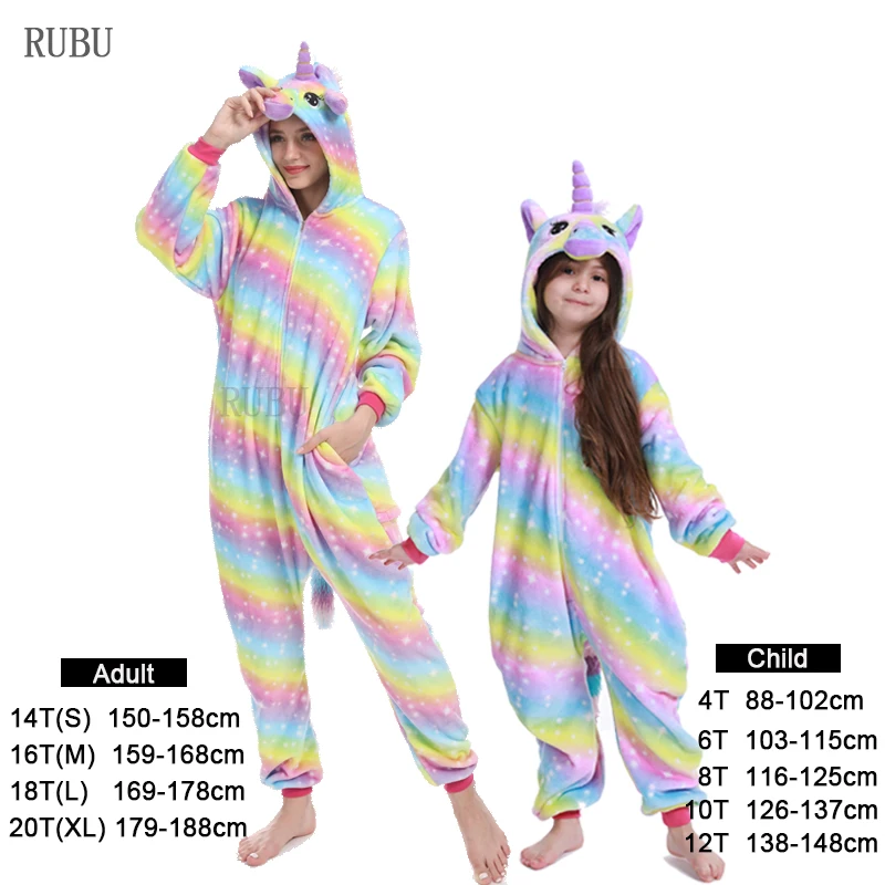 Winter Adult Kigurumi Pajamas Unicorn For Children Baby Girls Pyjamas Boys Sleepwear Animal Licorne Onesie Kids Costume Jumpsuit - Color: Rainbow Unicorn