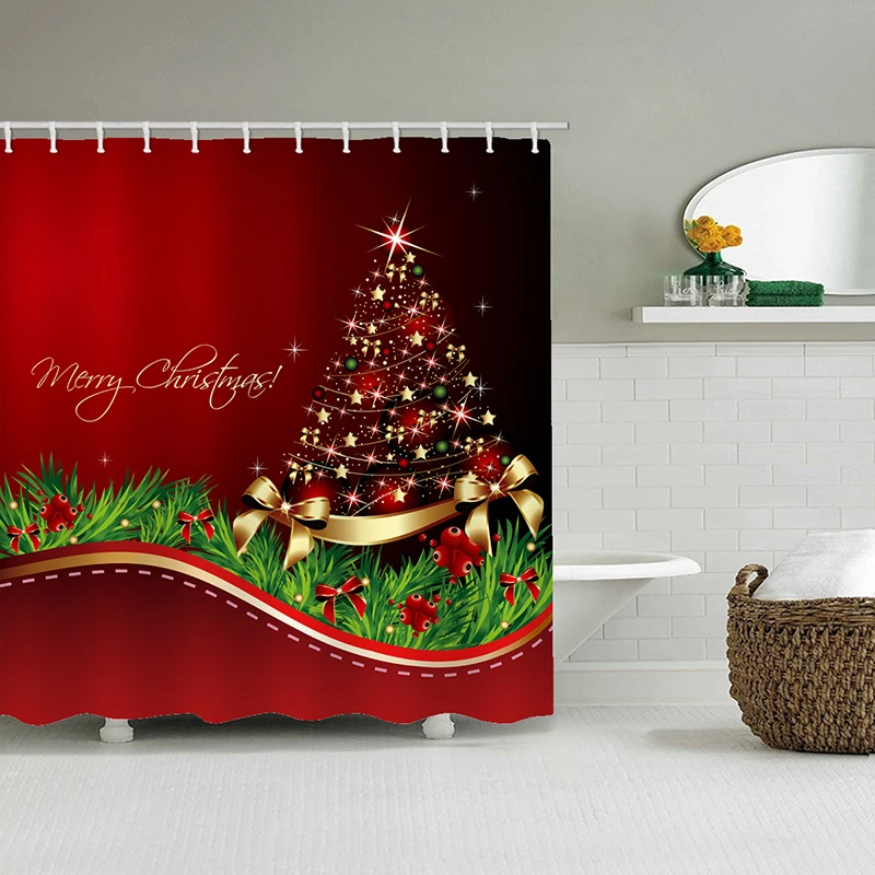 Happy New Year Merry Christmas Santa Claus Christmas Tree Shower Curtain Bathroom Curtain With Hooks Bath Curtains