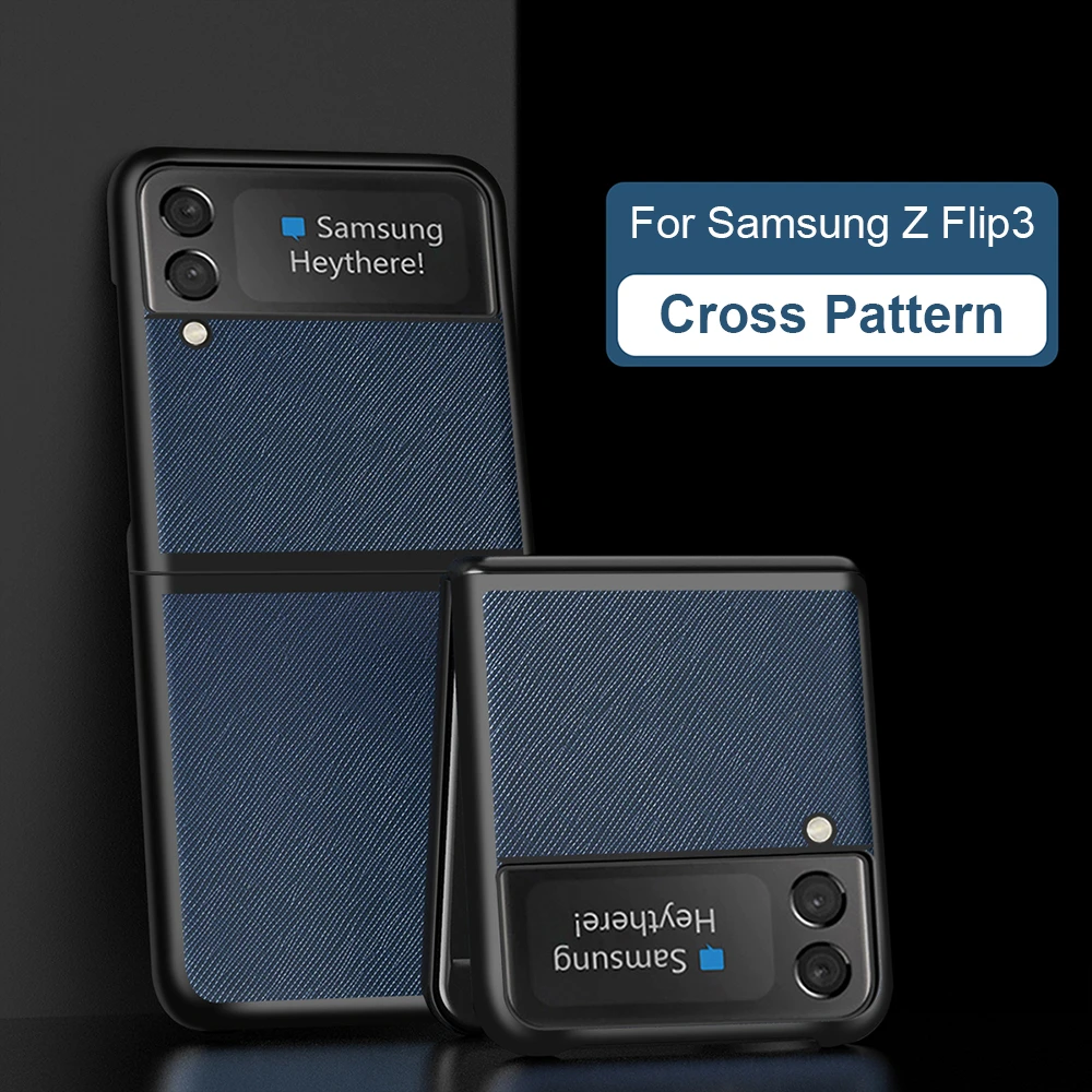 For Samsung Galaxy Z Flip 3 Flip3 5G Case Genuine Leather Cross Pattern Full Protective Shockproof Back Cover Capa Fundas samsung z flip3 case