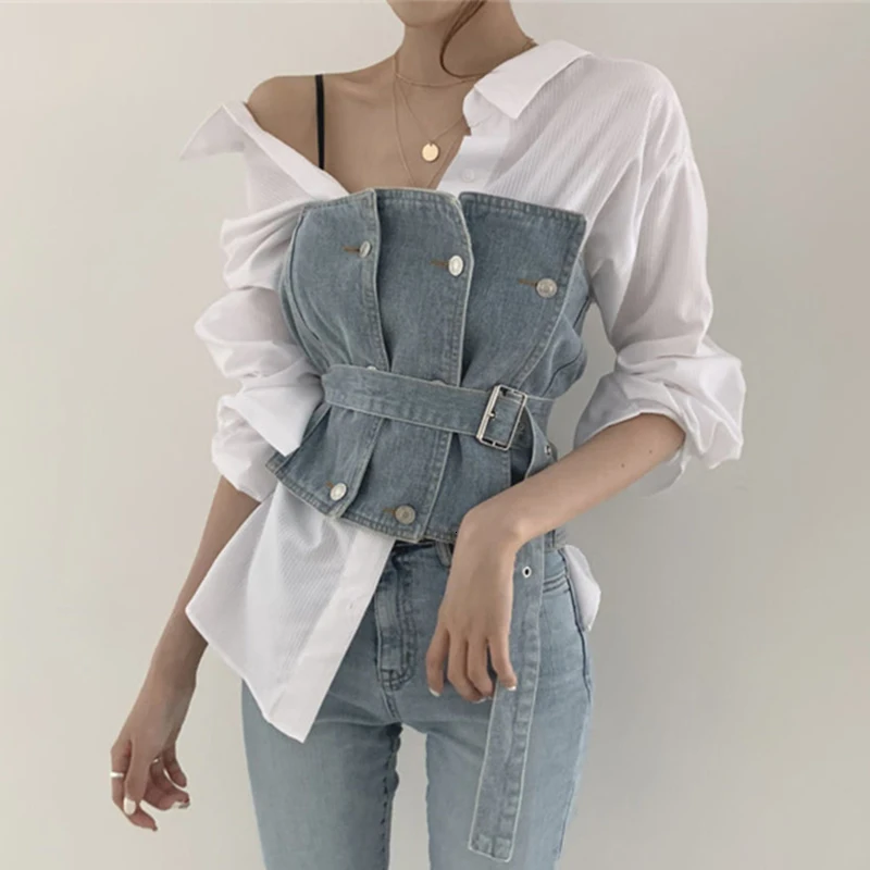 

XUXI 2020 New Autumn Chichi Small Sexy Character Sorapa Stripe Shirt Belt Tube Cowboy Women Two Clothes FZ0696