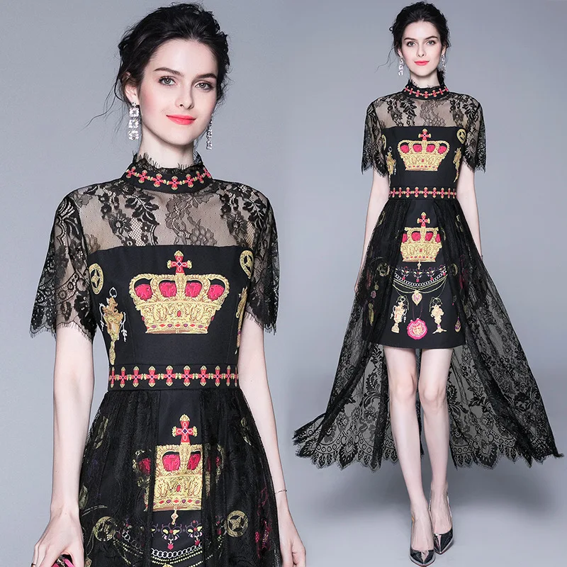 

Free shipped2019new style Lace patchwork dress short sleeves Fashion elegant printing Temperament commuter women vestidos
