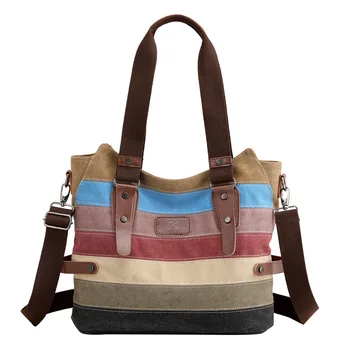 

Women's Casual Canvas Shoulder Bag Fashion Stitching Rainbow Messenger Handbag