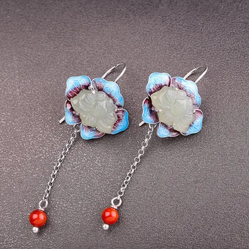 

manufacturer direct selling national style clothing all-around S925 pure silver burnt Blue Women's Hetian Jade Earrings