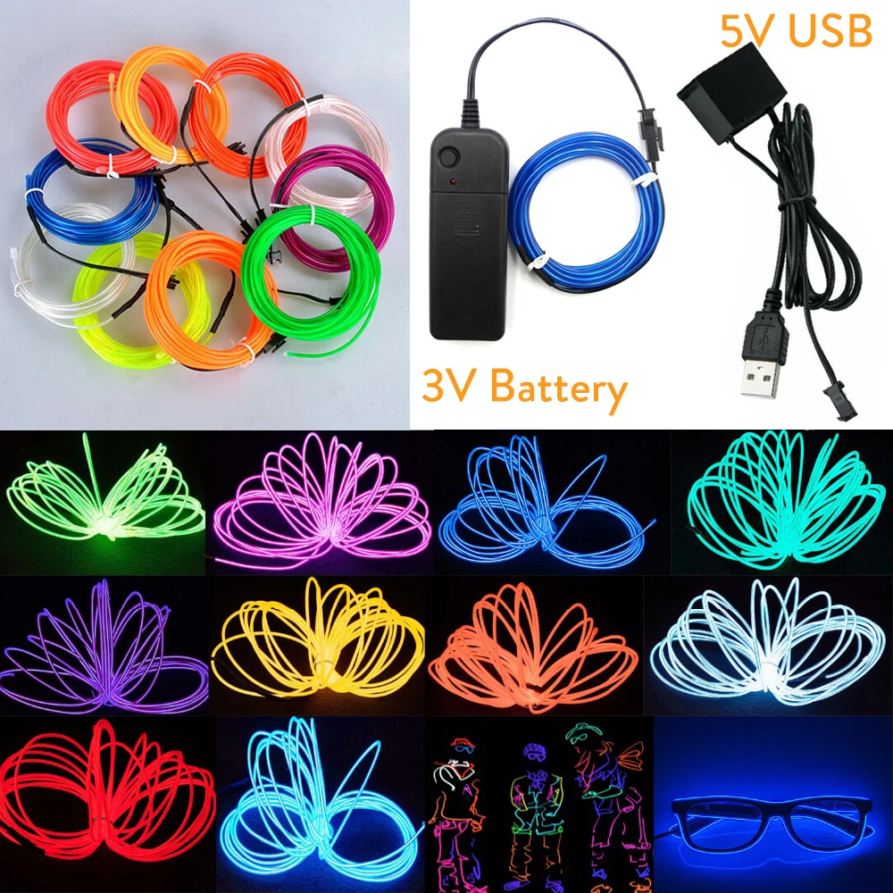 5 м СВЕТОДИОДНЫЙ Неон EL провода светильник строка веревка кабель с 3V 5V USB Батарея контроллер питания для
