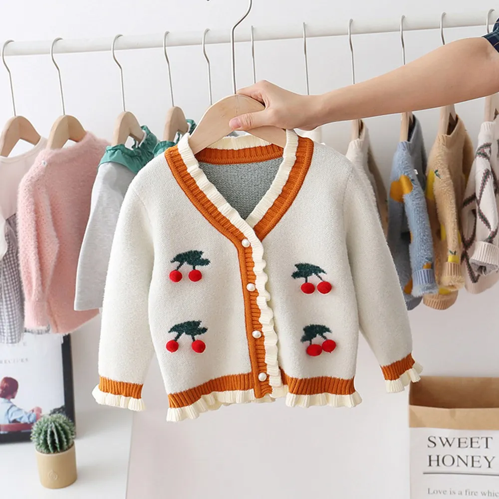 Beige Осень-зима, милый трикотаж для маленьких девочек, вязаный вишневый кардиган, свитер, верхняя одежда, пальто, S9512 - Цвет: Beige