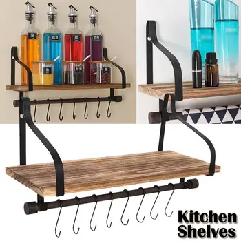 

Kitchen Wall Shelf Mount Kitchen Pot Pan Rack Shelf Utensils Cookware Hanger Holder With 8 Hooks Towels Rack Storage Shelf