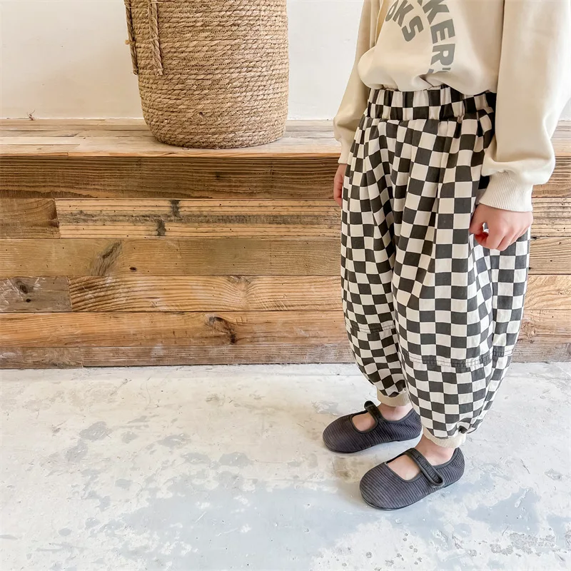 Cotton Plaid Harem Pants for Kids Autumn Casual Wear