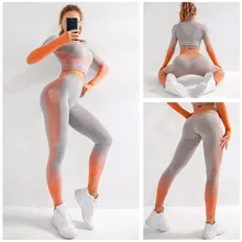 2 шт., Женский бесшовный комплект для йоги, фитнес-спортивные костюмы, одежда для спортзала и тренировок, укороченный топ с длинным рукавом, высокая талия, энергетические бесшовные леггинсы