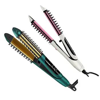

3-in-1 Hair Straightener Flat Irons Straightening Brush Hot Heating Comb Hair Straight Styler Corrugation With 4 Temp Settings