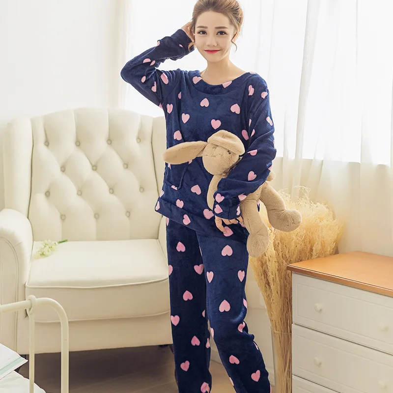 FZSLCYIYI осенние женские пижамные комплекты, пижамы, костюм для сна, Толстая теплая фланелевая ночная рубашка кораллового цвета, Женская пижама с мультяшными животными