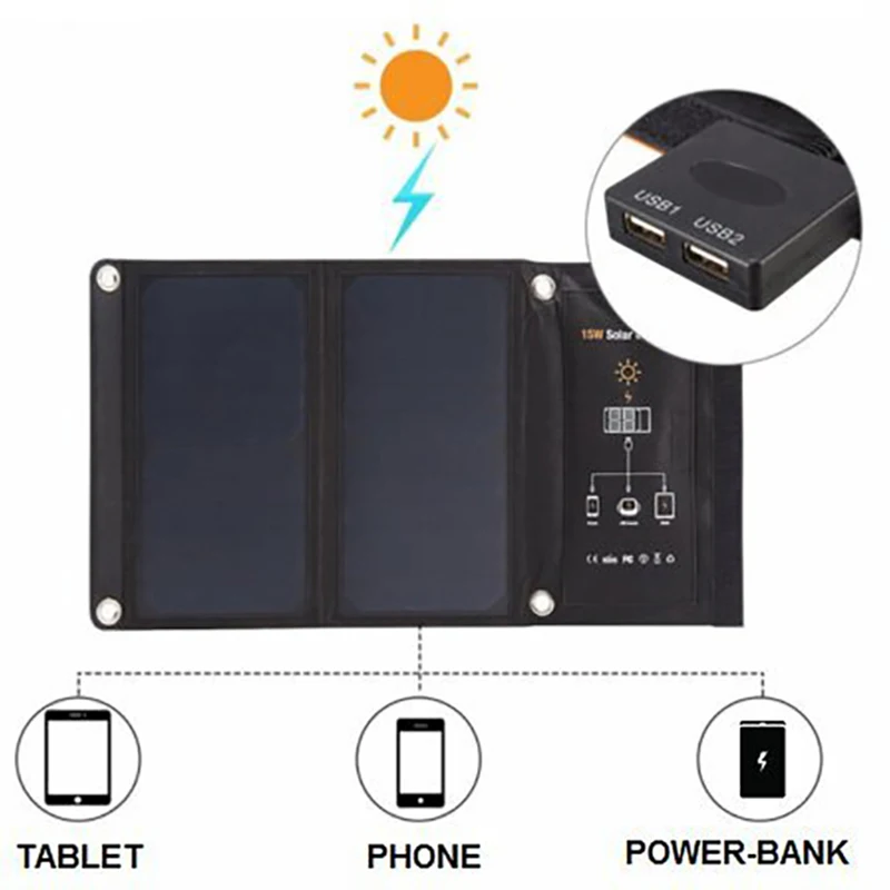 Xionel портативный складной 15W двойной USB Солнечное зарядное устройство с высокоэффективной Солнечная энергия солнечная панель