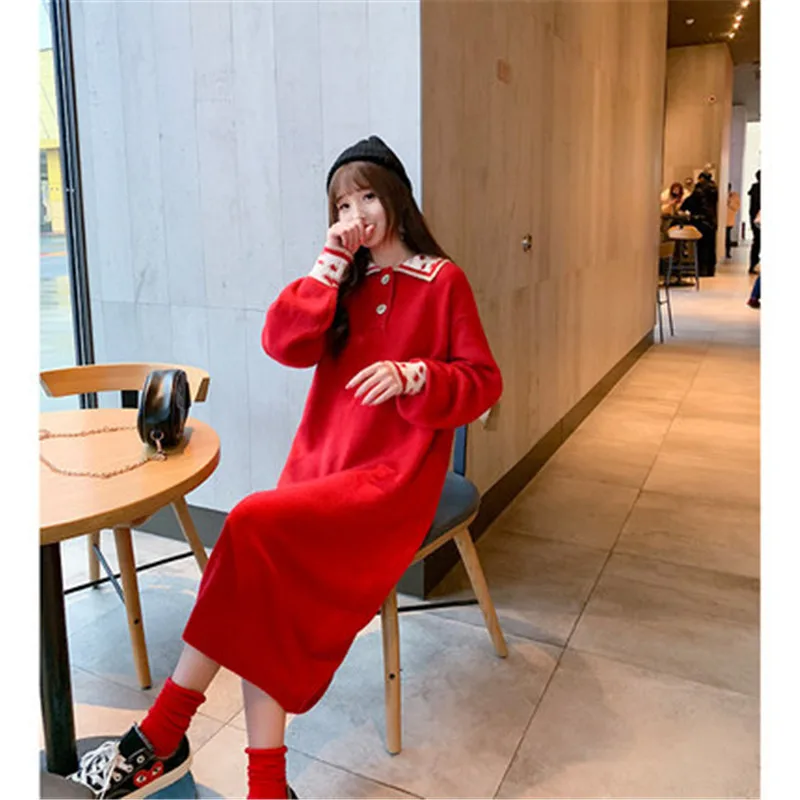 red Новое модное платье-свитер для женщин осень зима корейское свободное Harajuku длинное вязаное платье V1081 - Color: red