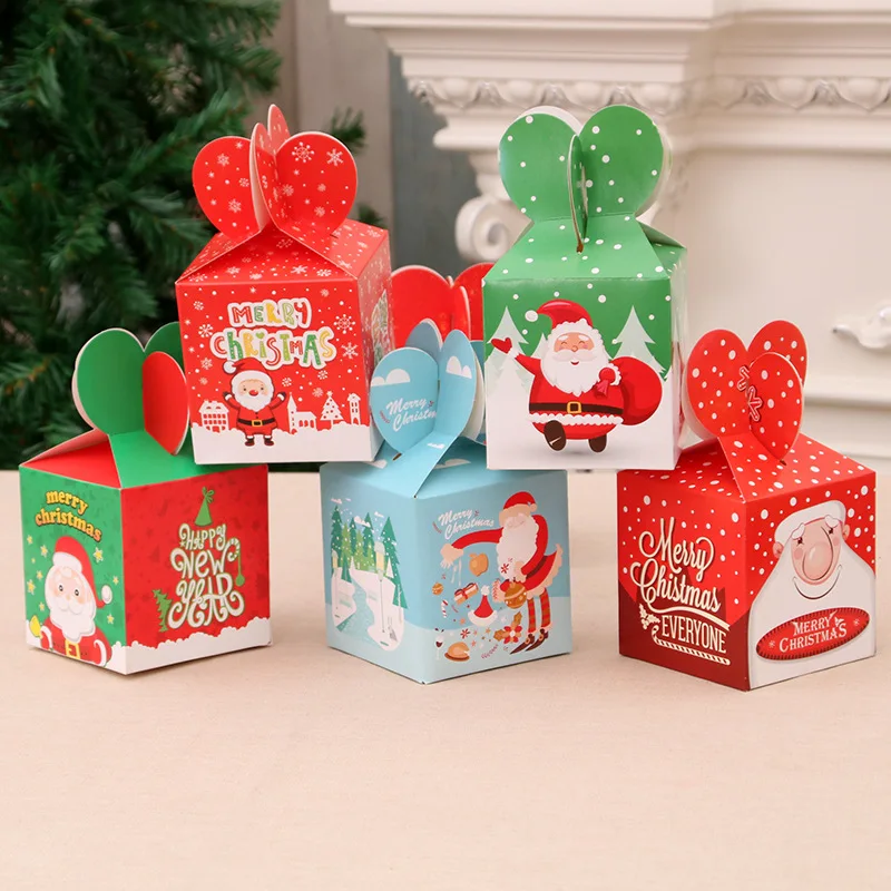 

Merry Christmas Printed Candy Gift Boxes Bags Paper Apple Gift Packaging Boxes Xmas Tree Cookie Wrapping Box Bags Party Decor