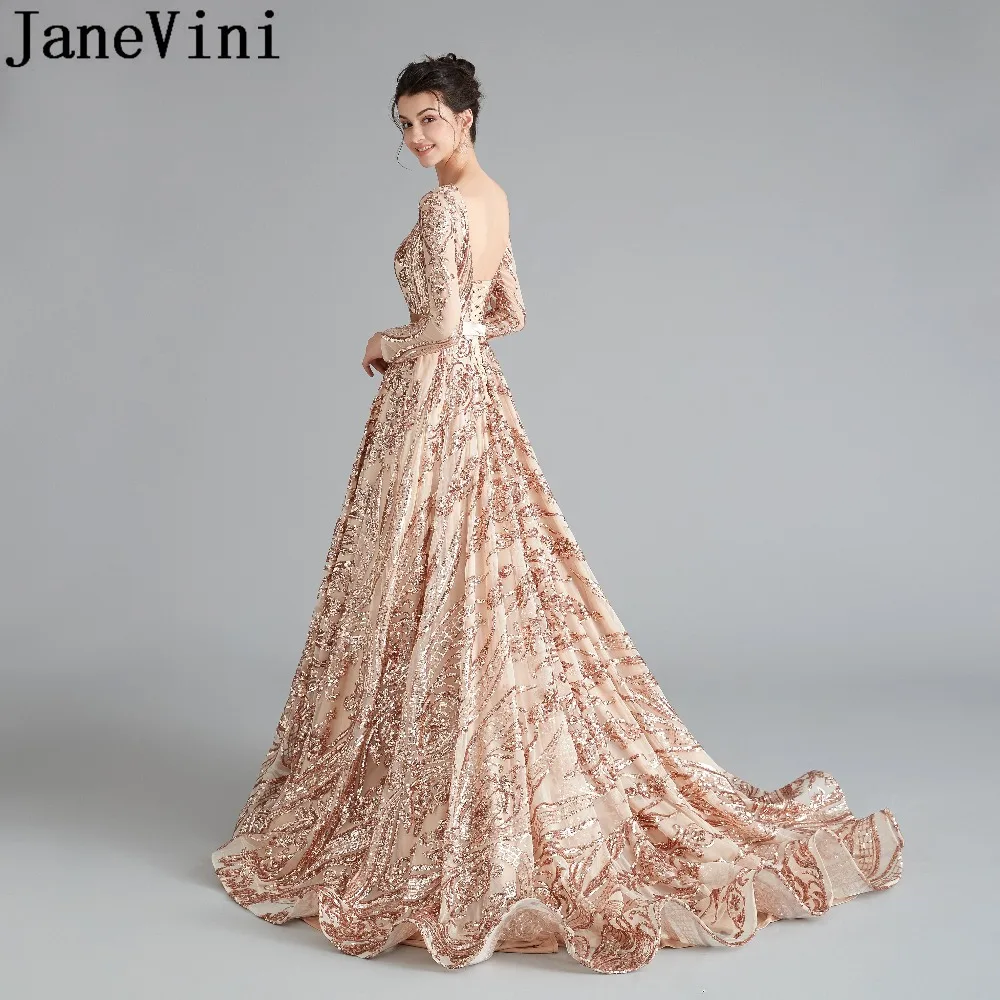 JaneVini/Вечерние платья с длинными рукавами из Саудовской Аравии блестящие золотистые блестки, официальное платье, Арабская, Дубай, ТРАПЕЦИЕВИДНОЕ свадебное платье без спинки