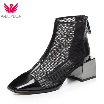 

Transparent Boots Women Summer 2019 Sexy Mesh Front Zipper Boots Square Heel Short Booties For Women zapatos de mujer