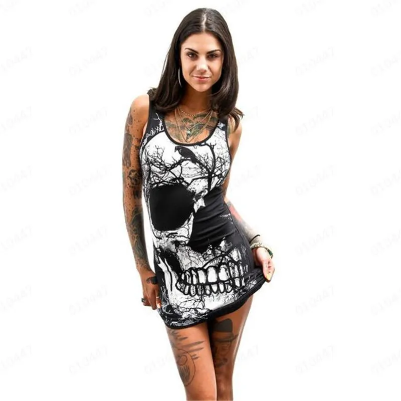 Vintage Skull Printed Summer Dress Women Gothic Punk Style Sleeveless Tanks Mini Dresses Casual Loose Party Holiday Robes Mujer | Женская