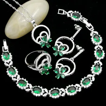 

925 Silver Jewelry Sets For Bride Natural Green CZ White Crystal Earrings/Pendant/Necklace/Ring/Bracelet Cute Accessories