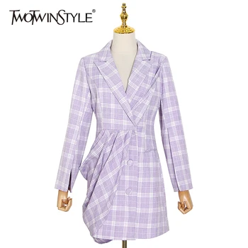 

TWOTWINSTYLE Patchwork Plaid Blazer Dress For Women Notched Collar Long Sleeve High Waist Irregular Hem Mini Dresses Female Fall