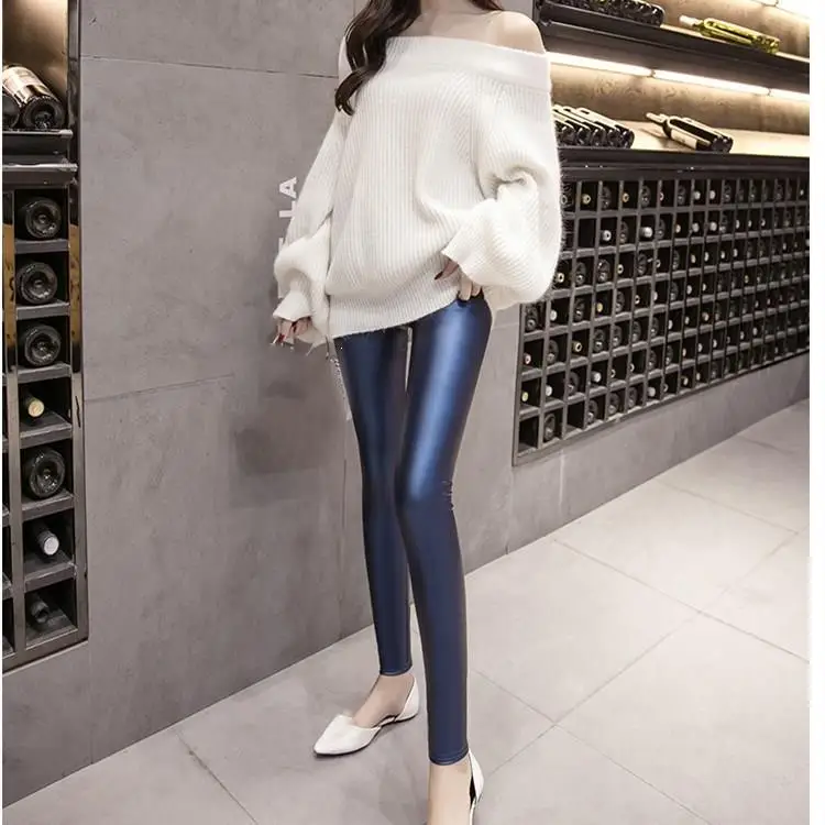 Модные женские длинные штаны из искусственной кожи, обтягивающие леггинсы с высокой эластичной талией, байкерские женские обтягивающие флисовые кожаные брюки - Цвет: Blue with velvet