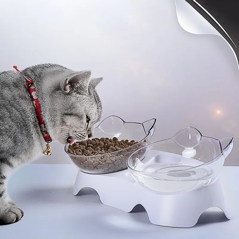 Миска для кошек, двойная миска с наклоном рта, двойная питьевая вода, защита шейного отдела позвоночника, предотвращение опрокидывания миски для риса