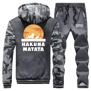 

High Quality Men Casual Hoodies sweatpants Winter Suits Fashion hakuna matat Cartoon print Jacket +Pants 2Piece Sets tracksuits
