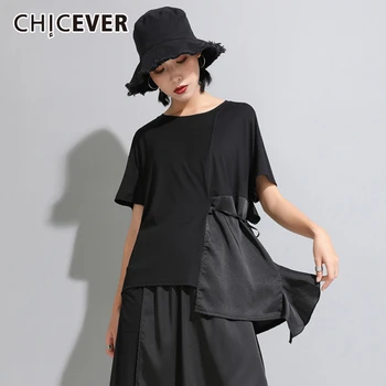 

CHICEVER 2020 New Spring Summer Round Neck Short Sleeve Black Irregular Split Joint Loose Temperament T-shirt Women Fashion Tide