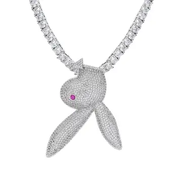 

New Hip Hop Micro Inlaid Zircon Bling Iced Out Solid Red-Eyed Inverted Rabbit Pendants Necklace for Men Rapper Jewelry