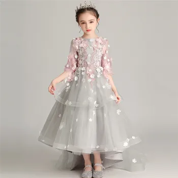 

Autumn Winter Elegant New Girl Children Appliques Flowers Birthday Evening Party Princess Long Tail Dress For Host Piano Costume