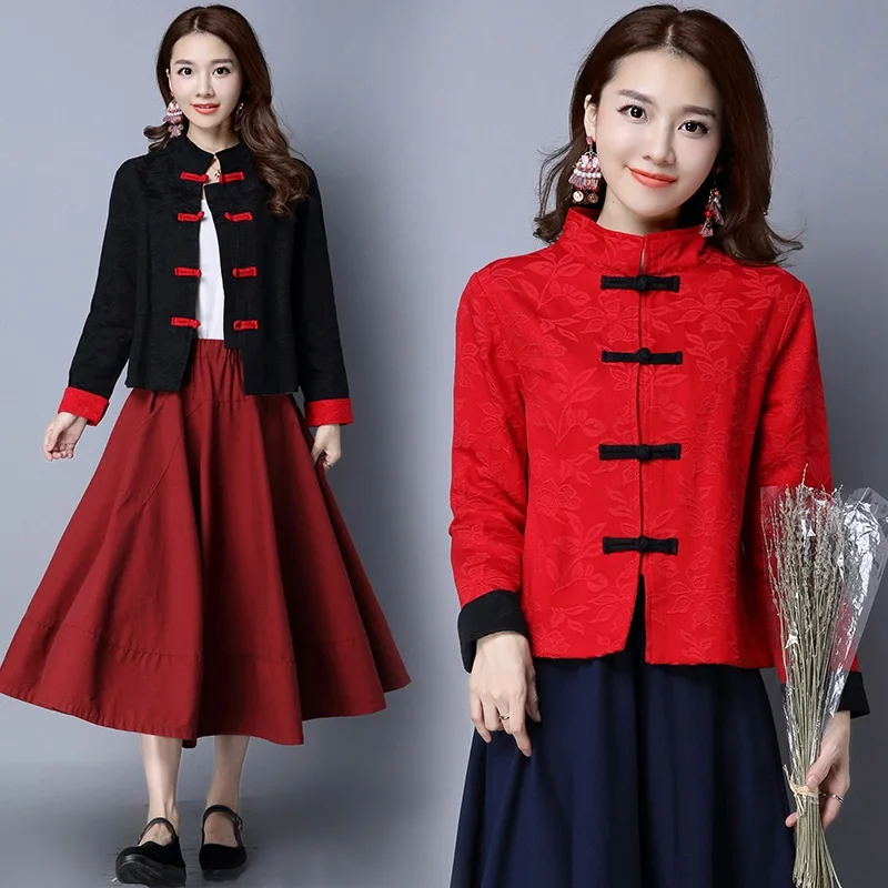 New Year Chinese Style Clothing Women Hanfu Vintage Long Sleeve Cotton Linen Tang Suit Traditional China Fashion Tops Coat 12073