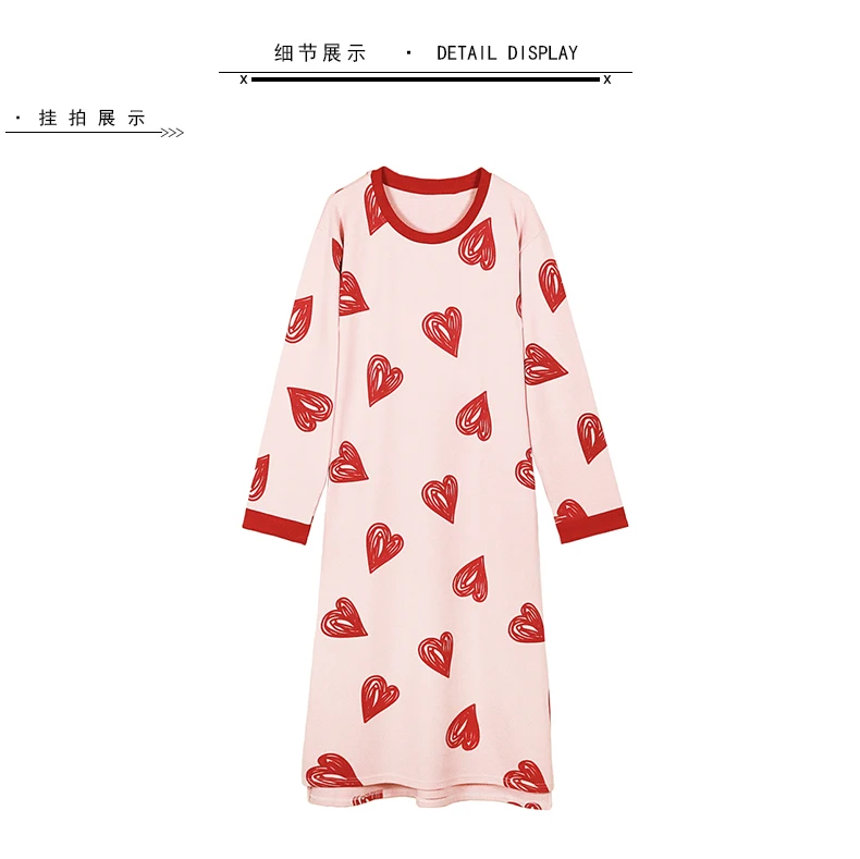 Kawaii рубашка для сна для женщин с граффити милое сердце Хлопок розовый ночное белье с длинными рукавами нижнее белье с печатью Ночное платье Cuter длинное платье