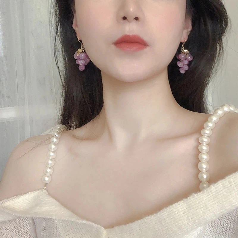 Vintage Crystal Grape Leaf Earrings Sweet Reflective Smooth Irregular Geometric Ball Fruit Drop Earrings dangle earrings drop earrings crystal earrings fruit design earrings for Women