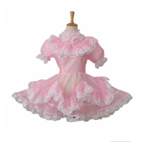 witch halloween costume Sissy  Pink Organza lockable perspective maid dress uniform unique halloween costumes