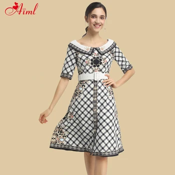 

Summer Fashion Black White Plaid Knee-Length Dress Women's Half Sleeves Belted Floral Print Casual Dress Ladies Slash Neck Dress