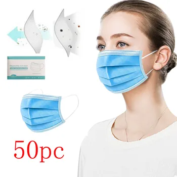 

50PC Disposable Maska 3Ply Non-Woven EarLoop Safety Breathable Protective Masque for Adult Dustproof Respirator Face Cover