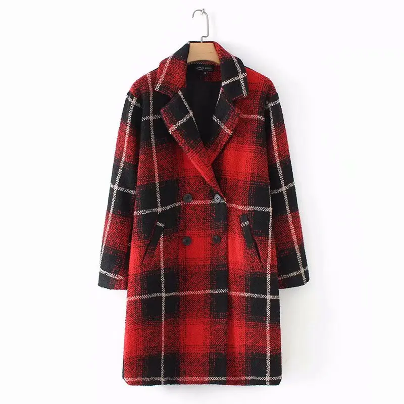 

2019 Autumn And Winter New Style Red Plaid Printed Suit Collar Double Breasted Mid-length Coat