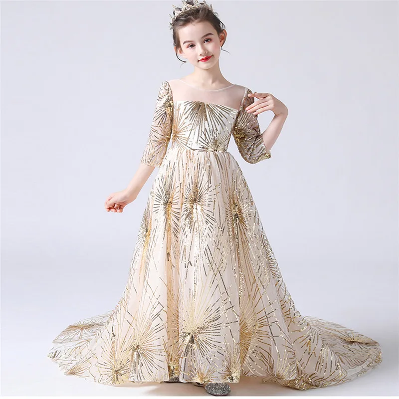 Детское высококачественное модное платье принцессы цвета шампанского с длинным шлейфом для подиума детское вечернее платье